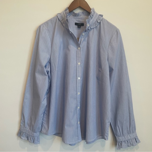 J. Crew Women's Blue and White Stripe Ruffle Button Down Shirt - Picture 3 of 9
